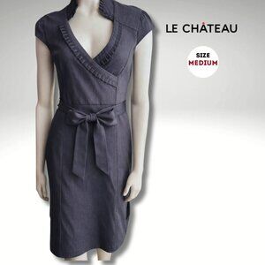 Le Château Belted Dress | Medium | Grey | Ruffle Trim